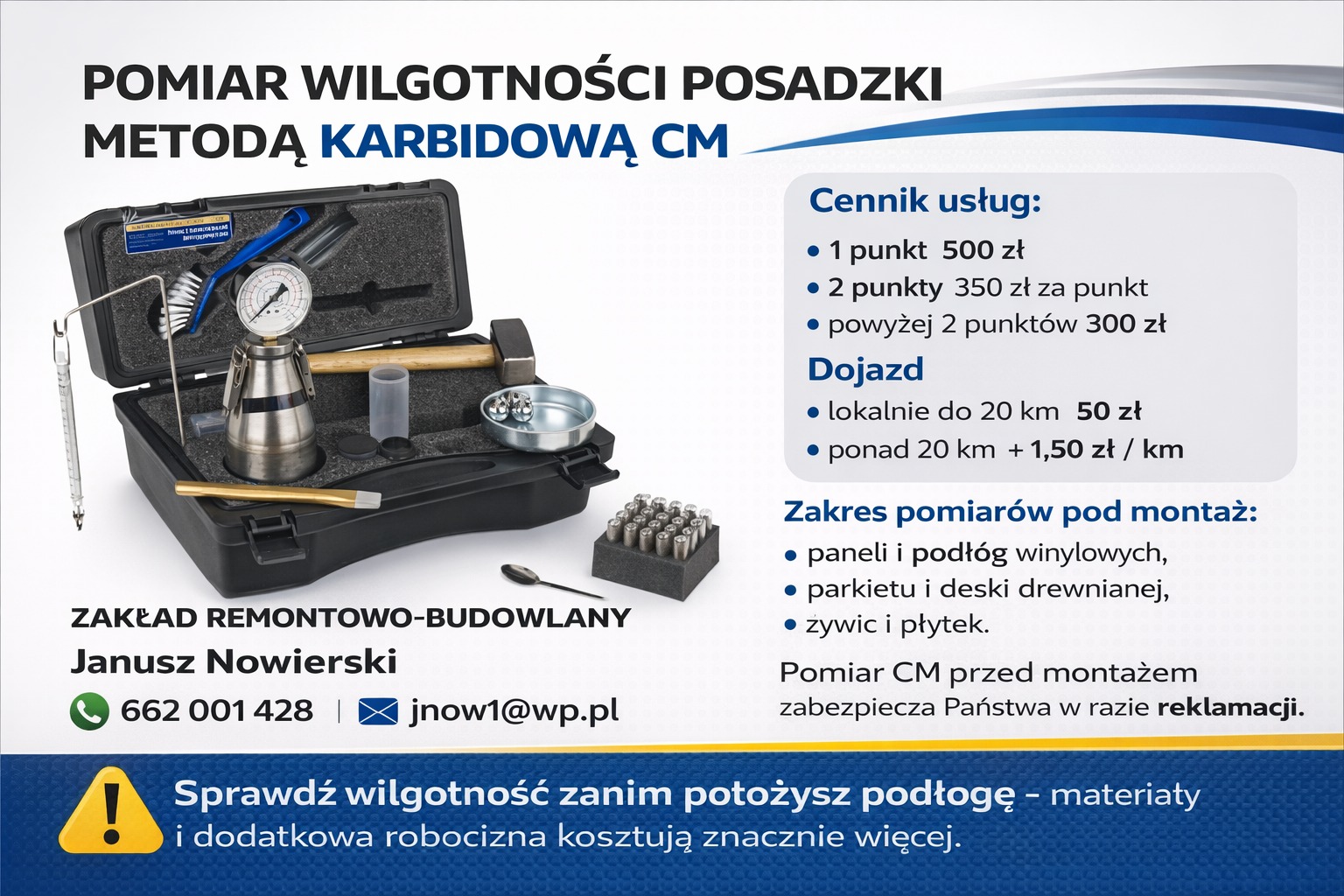 Zestaw do pomiaru wilgotności posadzki metodą karbidową CM w czarnej walizce, obok cennik usług i zakres pomiarów pod montaż. Widoczny młotek i inne narzędzia.