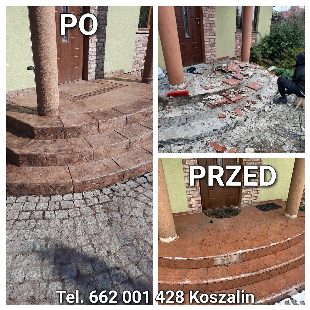 Kolaż 'przed i po' prezentujący odnowione schody wejściowe z kolumnami, z nową, brązową nawierzchnią imitującą kamień i kostką brukową. Widoczny numer telefonu.