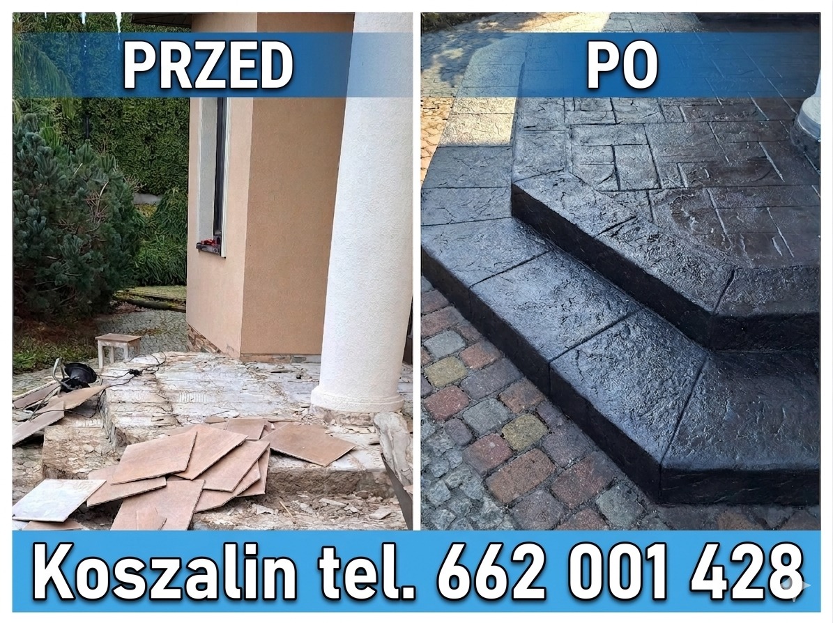 Zdjęcie 'przed i po' prezentujące odnowione schody wejściowe z efektem kamienia, z widocznymi detalami faktury i koloru. Po lewej stan surowy, po prawej efekt finalny.
