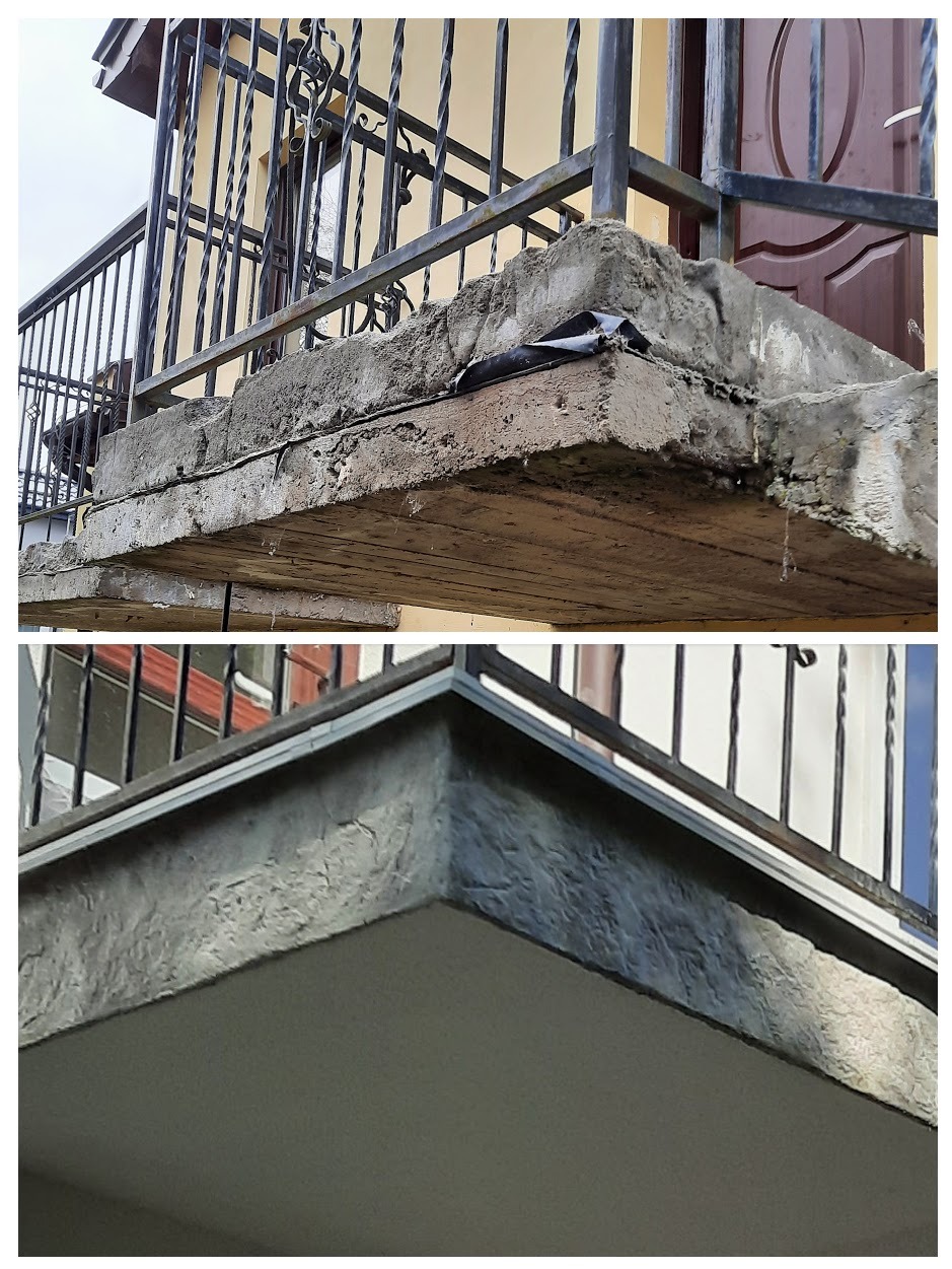 Balkon przed i po renowacji: zniszczona płyta balkonowa z widocznym zbrojeniem kontra odnowiona, szara powierzchnia z fakturą, metalowa balustrada.