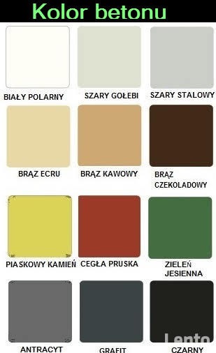 Paleta kolorów betonu z nazwami odcieni: biały polarny, szary gołębi, szary stalowy, brąz ecru, brąz kawowy, brąz czekoladowy, piaskowy kamień, cegła pruska, zieleń jesienna, antracyt, grafit, czarny.