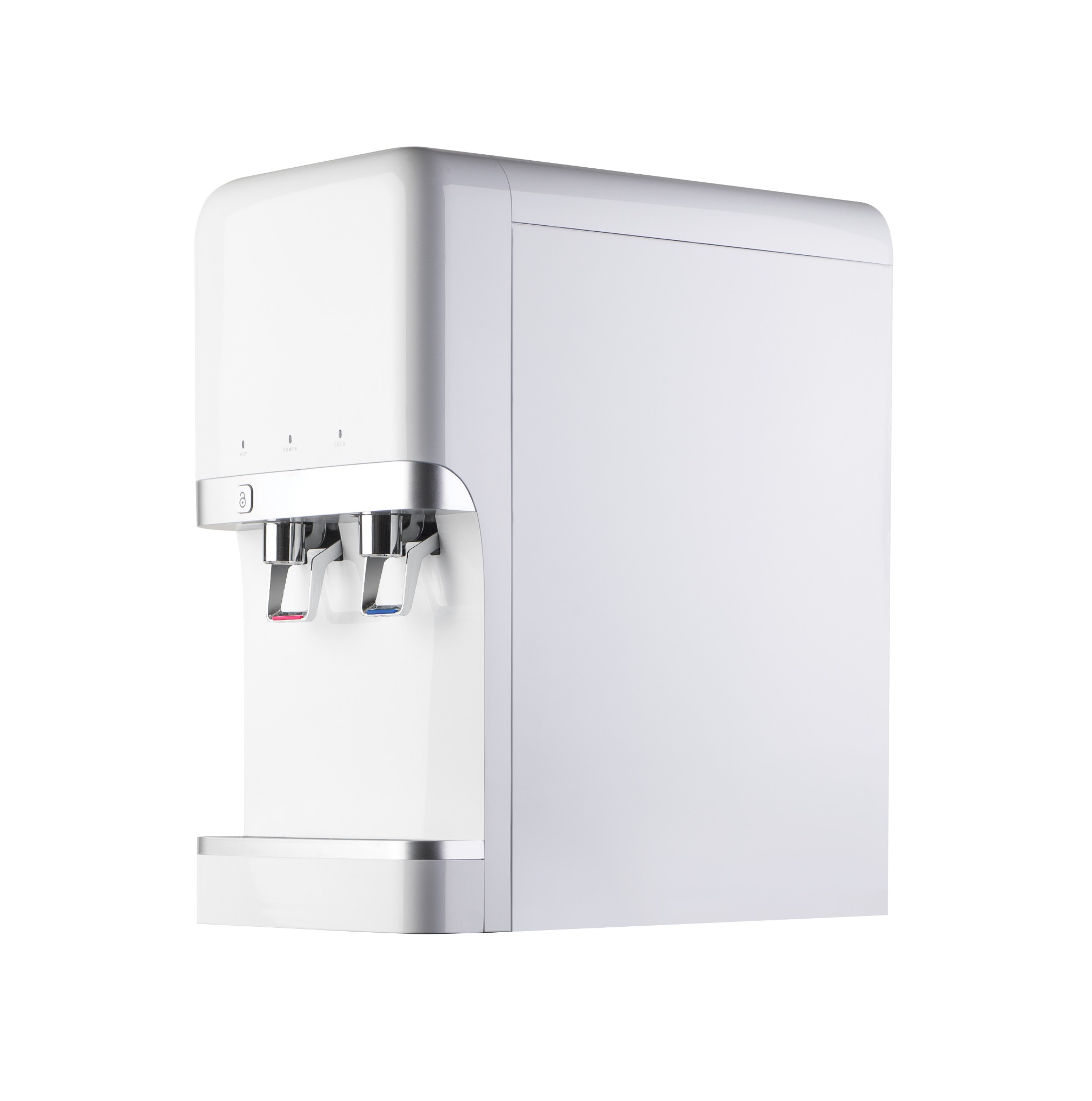 Nowoczesny, biały dystrybutor wody z chromowanymi kranami, z oznaczeniami ciepłej i zimnej wody, na białym tle.
