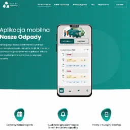 Ekran smartfona prezentujący aplikację mobilną 'Nasze Odpady' z harmonogramem wywozu odpadów, uwzględniającym daty, rodzaje odpadów (popiół, segregowane, zmieszane) i powiadomienia. Na górze strony...