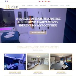 initSoft - Strona internetowa z ofertą luksusowych apartamentów River Apartamenty, prezentująca zdjęcia wnętrz i zachęcająca do rezerwacji.