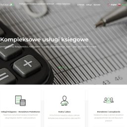 initSoft - Fragment strony internetowej firmy ProFuturi z kalkulatorem w tle, prezentującej kompleksowe usługi księgowe, kadry i płace oraz doradztwo i zarządzanie.