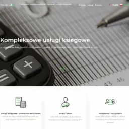 Fragment strony internetowej firmy ProFuturi z kalkulatorem w tle, prezentującej kompleksowe usługi księgowe, kadry i płace oraz doradztwo i zarządzanie.
