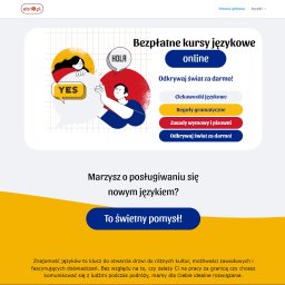 initSoft - Grafika strony internetowej ebrio.pl z ofertą bezpłatnych kursów językowych online, ilustracje postaci w dymkach dialogowych z napisami 'YES' i 'HOLA', oraz przyciski z hasłami zachęcającymi do nauki.