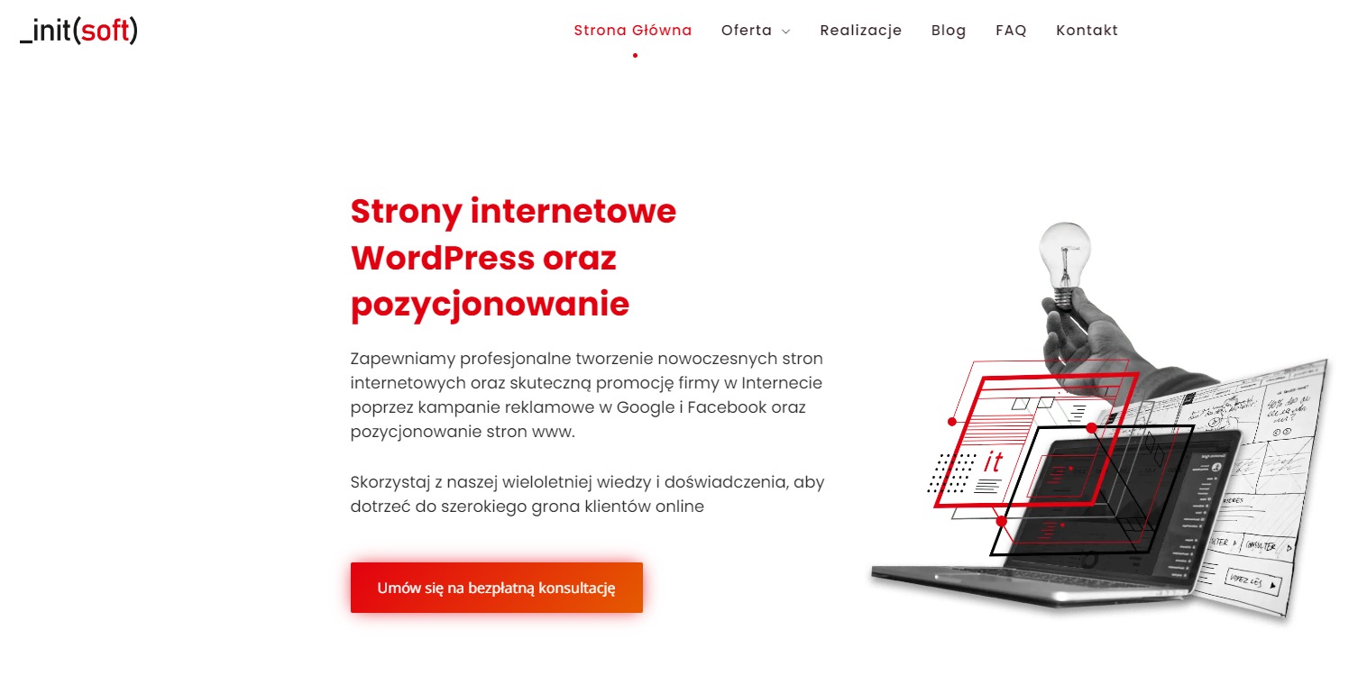 Ekran laptopa wyświetlający interfejs strony internetowej z elementami graficznymi, schematami i ręcznie rysowanymi notatkami, nad nim dłoń trzyma żarówkę, co symbolizuje pomysłowość i innowacje...