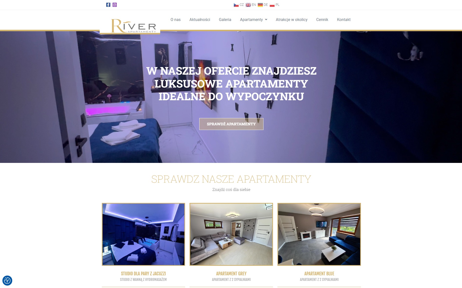 Strona internetowa z ofertą luksusowych apartamentów River Apartamenty, prezentująca zdjęcia wnętrz i zachęcająca do rezerwacji.