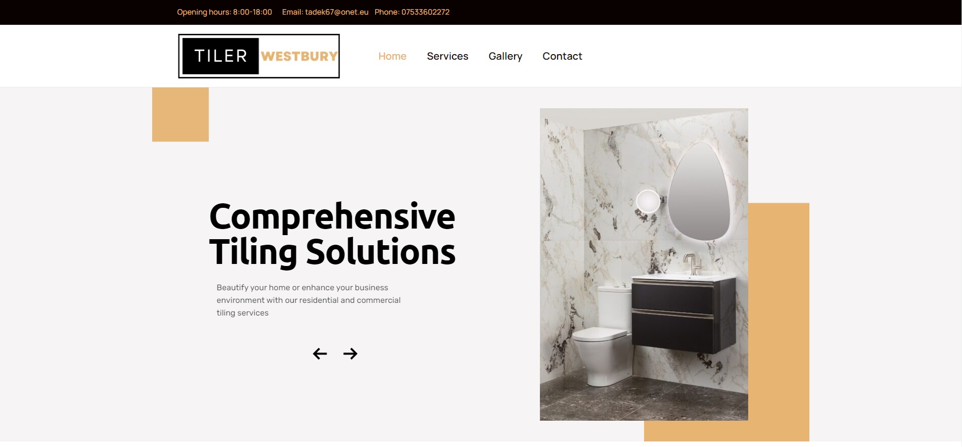 Strona internetowa firmy Tiler Westbury z Węgierskiej Górki prezentująca kompleksowe rozwiązania w zakresie układania płytek, z widoczną aranżacją łazienki z marmurowymi płytkami, podświetlanym...