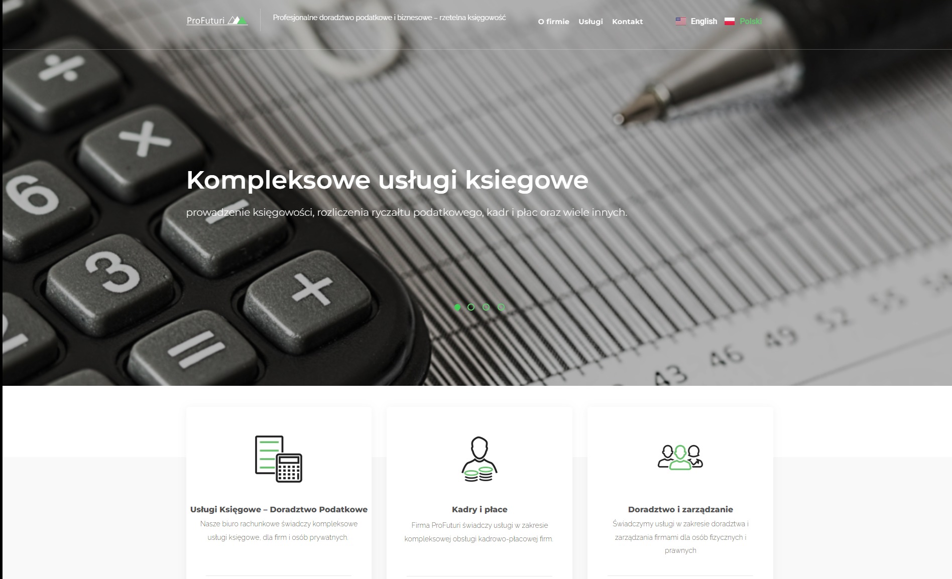 Fragment strony internetowej firmy ProFuturi z kalkulatorem w tle, prezentującej kompleksowe usługi księgowe, kadry i płace oraz doradztwo i zarządzanie.