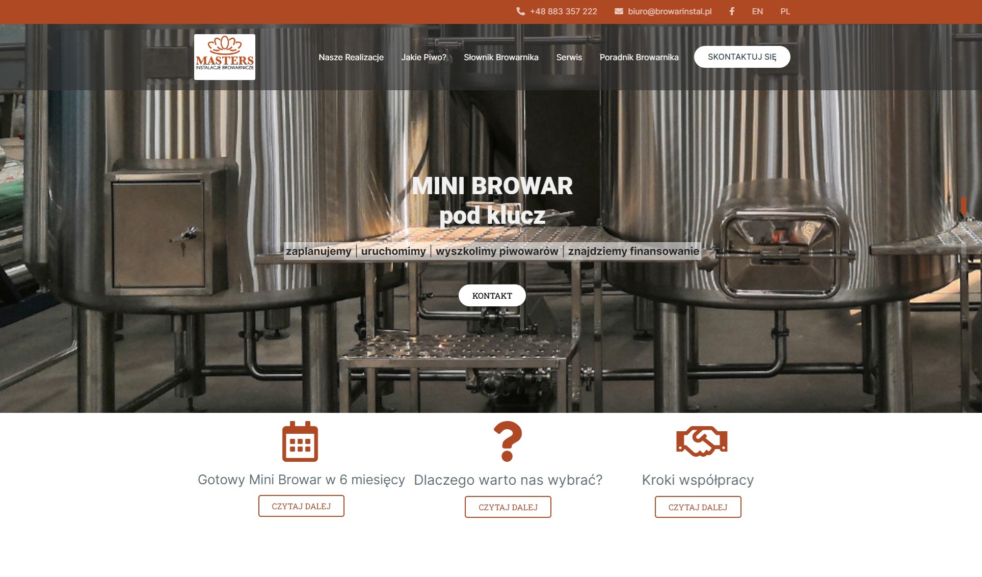 Strona internetowa firmy Browarinstal.pl prezentująca mini browar pod klucz z hasłami: zaplanujemy, uruchomimy, wyszkolimy piwowarów, znajdziemy finansowanie.