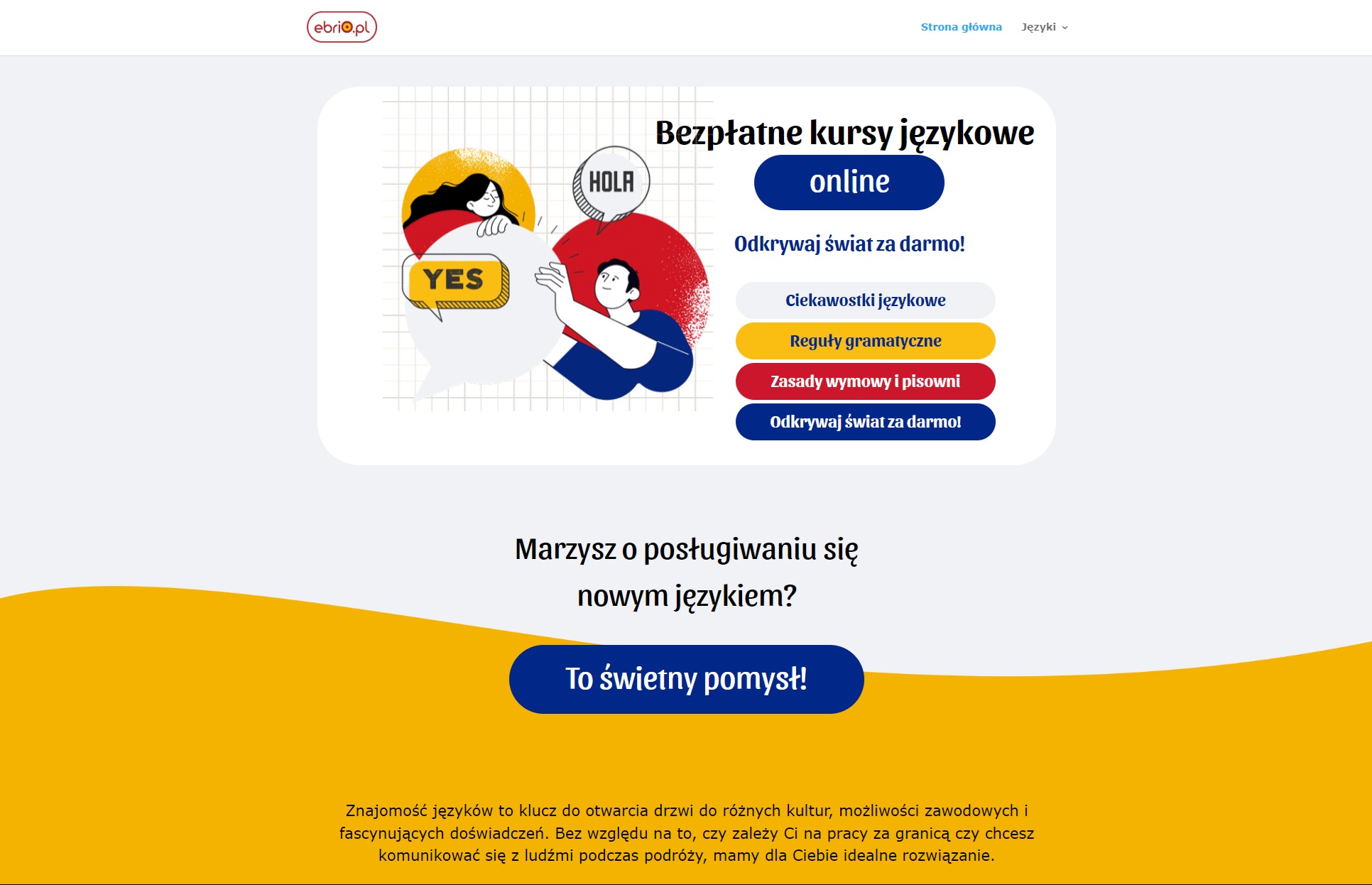 Grafika strony internetowej ebrio.pl z ofertą bezpłatnych kursów językowych online, ilustracje postaci w dymkach dialogowych z napisami 'YES' i 'HOLA', oraz przyciski z hasłami zachęcającymi do nauki.