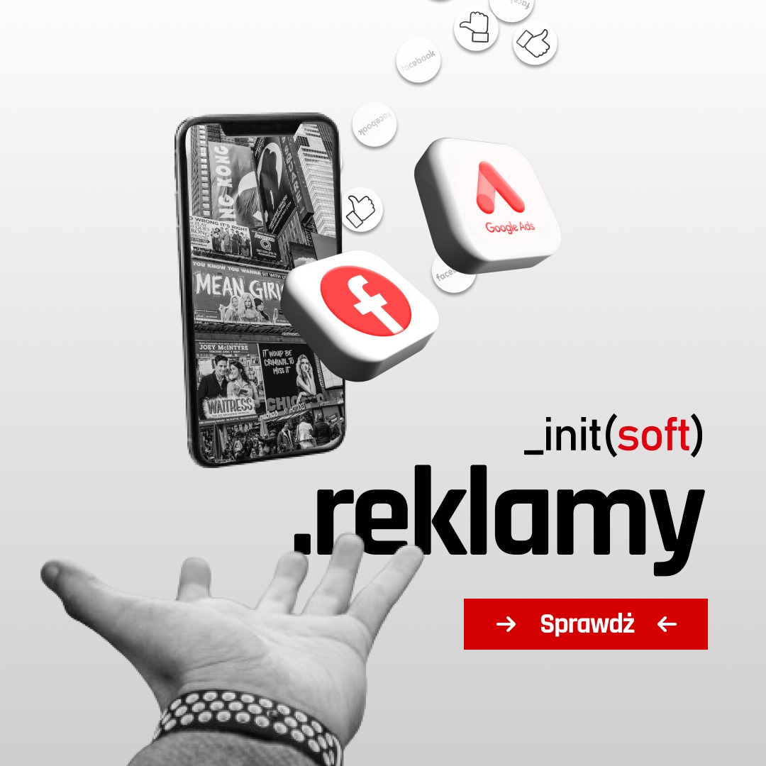 Grafika koncepcyjna przedstawiająca smartfon wyświetlający reklamy w stylu Times Square, z ikonami Facebooka i Google Ads unoszącymi się nad otwartą dłonią, symbolizująca kampanie reklamowe...