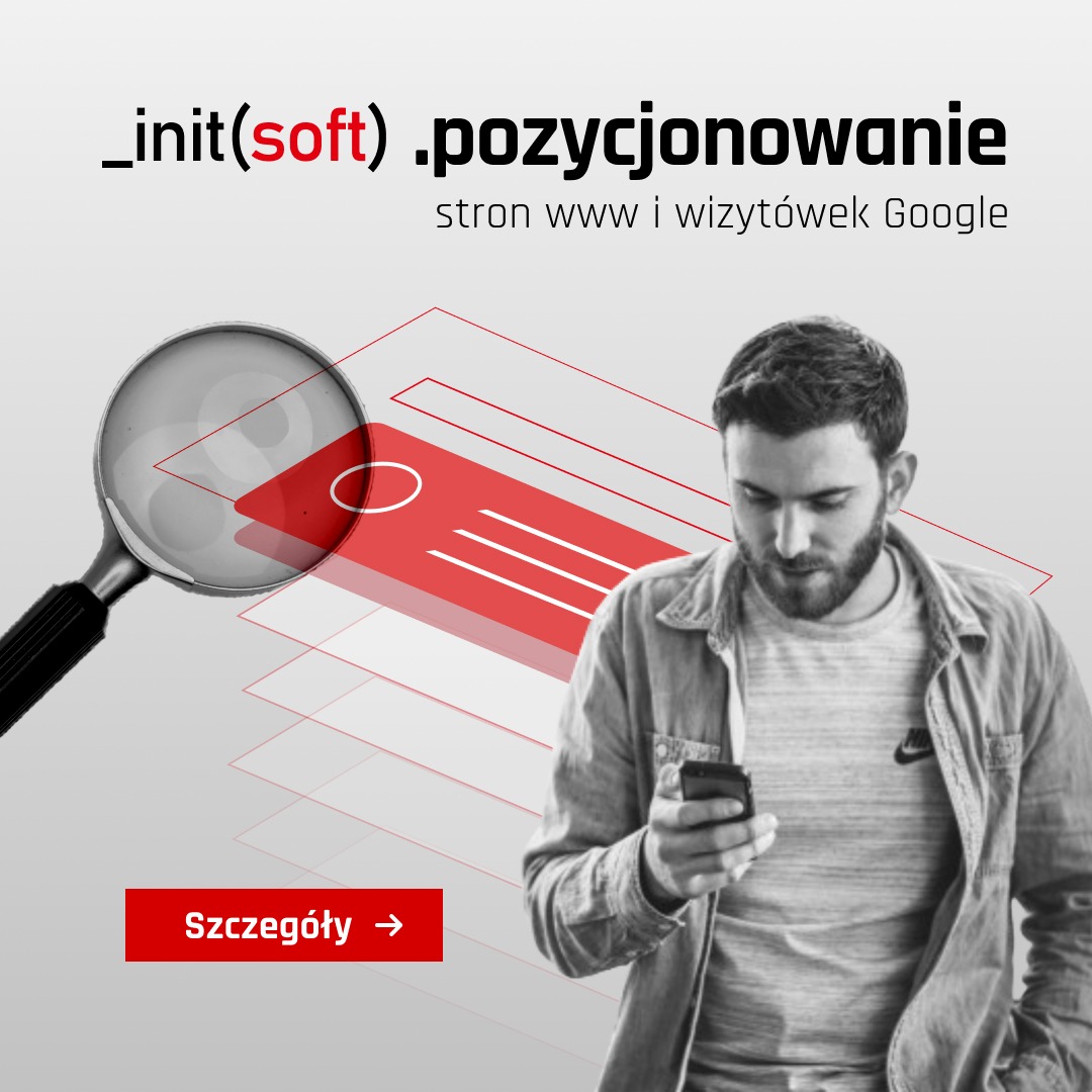 Mężczyzna w Węgierskiej Górce przegląda na smartfonie wyniki wyszukiwania stron internetowych, widoczne pod lupą na grafice promującej optymalizację SEO.