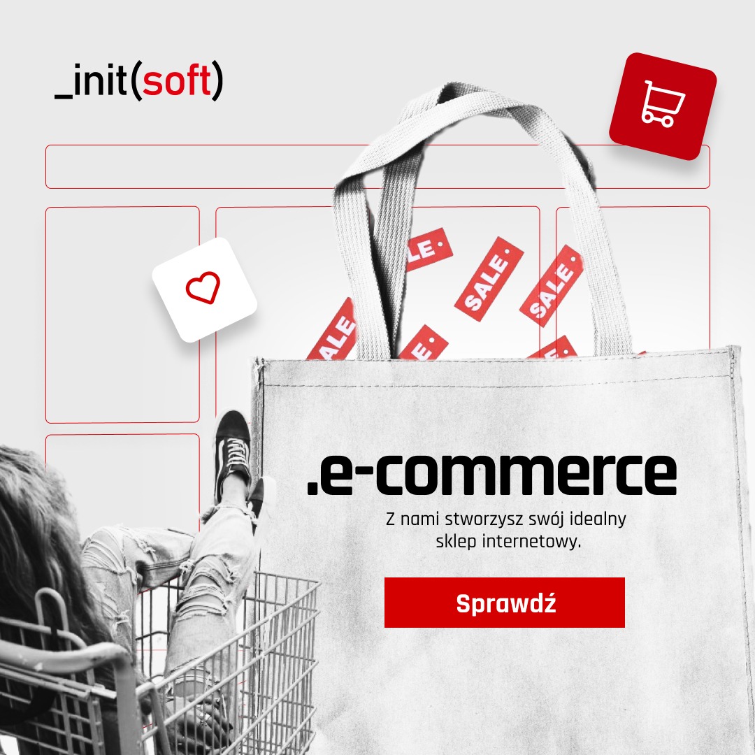 Grafika reklamowa e-commerce: osoba w wózku sklepowym, torba z napisem 'SALE' i hasło 'Z nami stworzysz swój idealny sklep internetowy'.