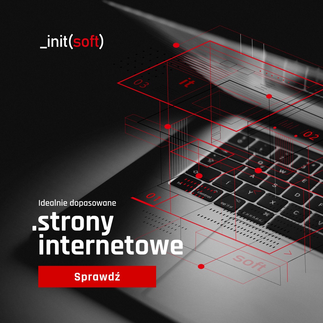 Laptop z nakładką graficzną w czerwonych liniach, prezentujący koncepcję strony internetowej, z widocznym napisem 'it' i fragmentem klawiatury.