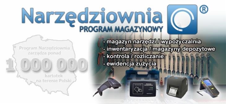 Grafika prezentująca program do zarządzania magazynem narzędzi 'Narzędziownia', z wizualizacją funkcji magazynowych, inwentaryzacyjnych, kontrolnych i ewidencji zużycia oraz urządzeniami...