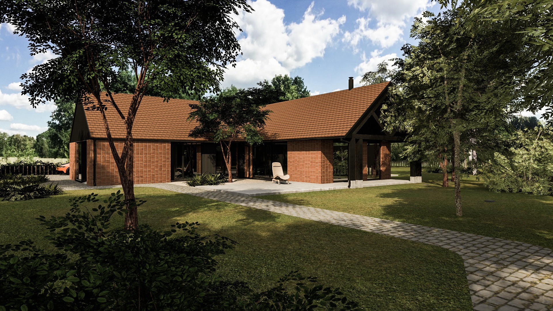 Wizualizacja parterowego domu jednorodzinnego z cegły klinkierowej i ciemnymi elementami wykończeniowymi, otoczonego zielenią, z krzesłem na tarasie i ścieżką z kostki brukowej prowadzącą do budynku.