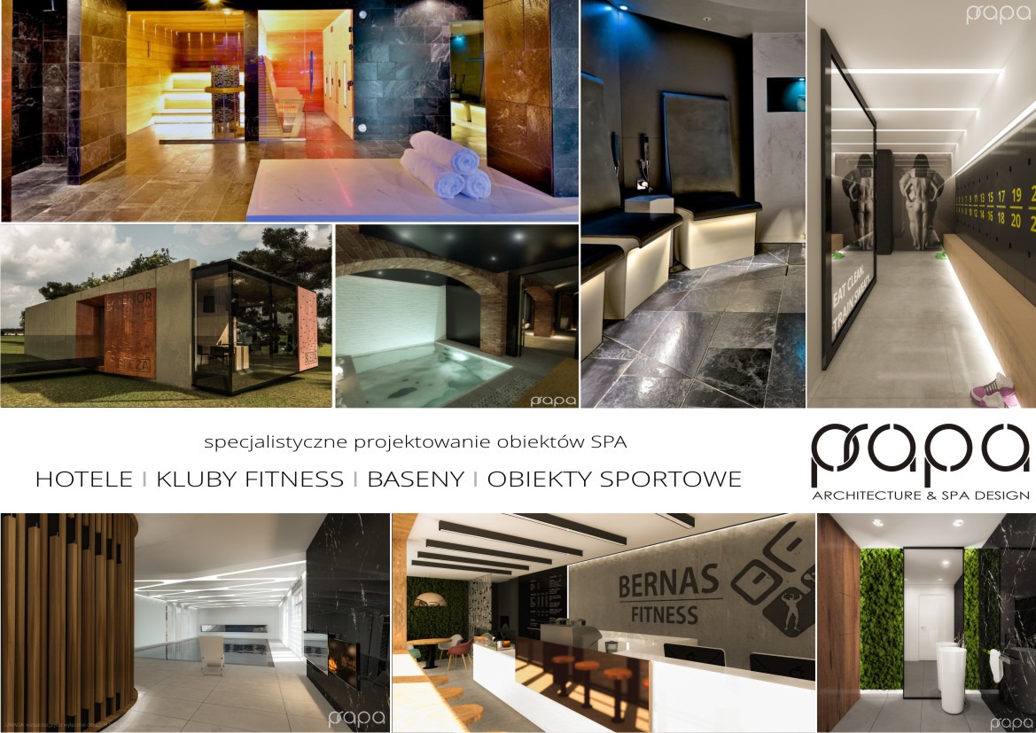 Kolaż przedstawiający różne przestrzenie SPA i fitness: sauna z drewnianymi elementami, basen z ceglanym łukiem, siłownia z motywacyjnym napisem, recepcja fitness klubu z zieloną ścianą,...
