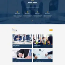 Zrzut ekranu strony internetowej z sekcjami prezentującymi przykładowe informacje, ofertę usług, aktualności i formularz kontaktowy, utrzymanej w stylistyce bieli, granatu i ż&oacute;łci.