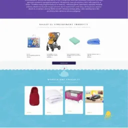 Layout strony internetowej sklepu z artykułami dla dzieci, z ilustracjami domów, helikoptera i uśmiechniętego dziecka na górze, prezentacją produktów poniżej i fioletowym tłem w dolnej części.