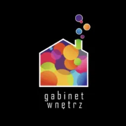 Kolorowe logo firmy 'gabinet wnętrz' przedstawiające kontur domu wypełniony wielobarwnymi okręgami, z komina wydobywają się bąbelki.