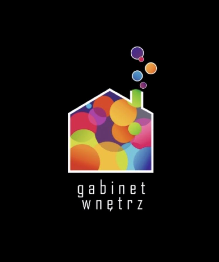 Kolorowe logo firmy 'gabinet wnętrz' przedstawiające kontur domu wypełniony wielobarwnymi okręgami, z komina wydobywają się bąbelki.