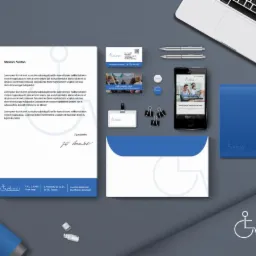 Komplet materiałów firmowych Gelmar: list, wizytówka, identyfikator, koperta, notes, długopisy, pendrive, telefon z widoczną stroną www i logo firmy.