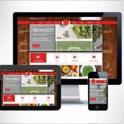 Responsywna strona www 'Meat Food' na monitorze, tablecie i smartfonie. Prezentacja menu z daniami makaronowymi, bez konserwantów, z indykiem i pesto.