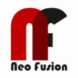 Logo Neo Fusion: czerwone 'n' i czarne 'f' częściowo nałożone, nazwa firmy kursywą poniżej, na białym tle. Charakterystyczna typografia.