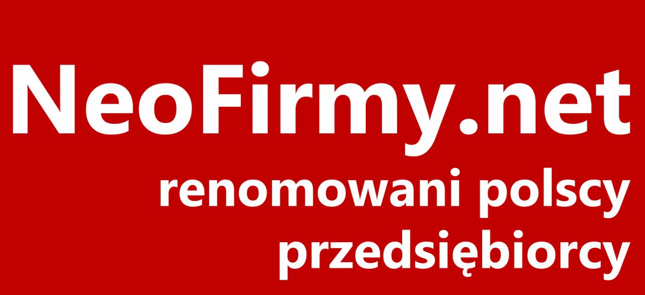 Czerwone tło z białym tekstem 'NeoFirmy.net renomowani polscy przedsiębiorcy'. Kontrastowe zestawienie kolorów, wyraźny przekaz, domena internetowa.