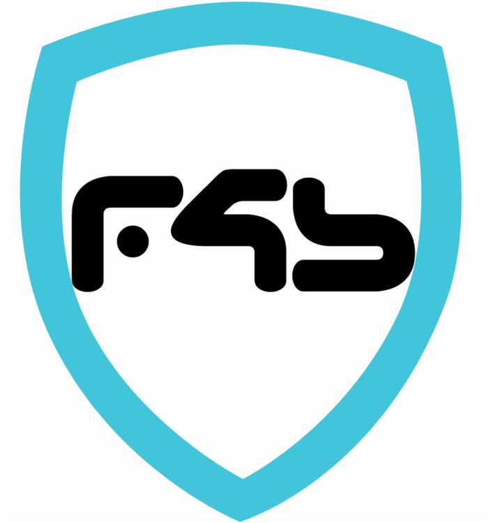 Logo w kształcie tarczy z błękitnym obramowaniem, wewnątrz czarny, abstrakcyjny napis. Minimalistyczny design na białym tle.