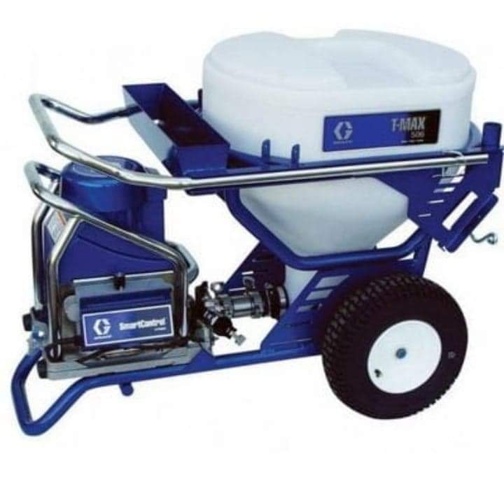 Profesjonalne urządzenie natryskowe T-MAX 506 do aplikacji gładzi i farb, z niebieską ramą i białym zbiornikiem, widoczne logo SmartControl.