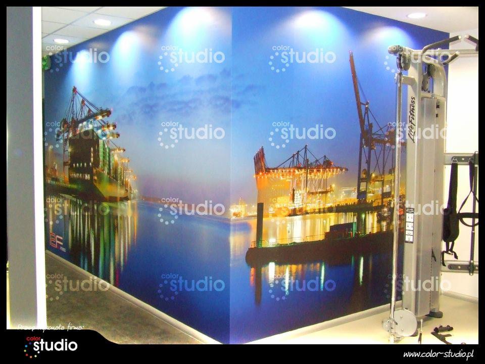 Fototapeta z motywem portu z dźwigami, z logo Color Studio, widoczna w tle sali gimnastycznej. Element identyfikacji wizualnej firmy.