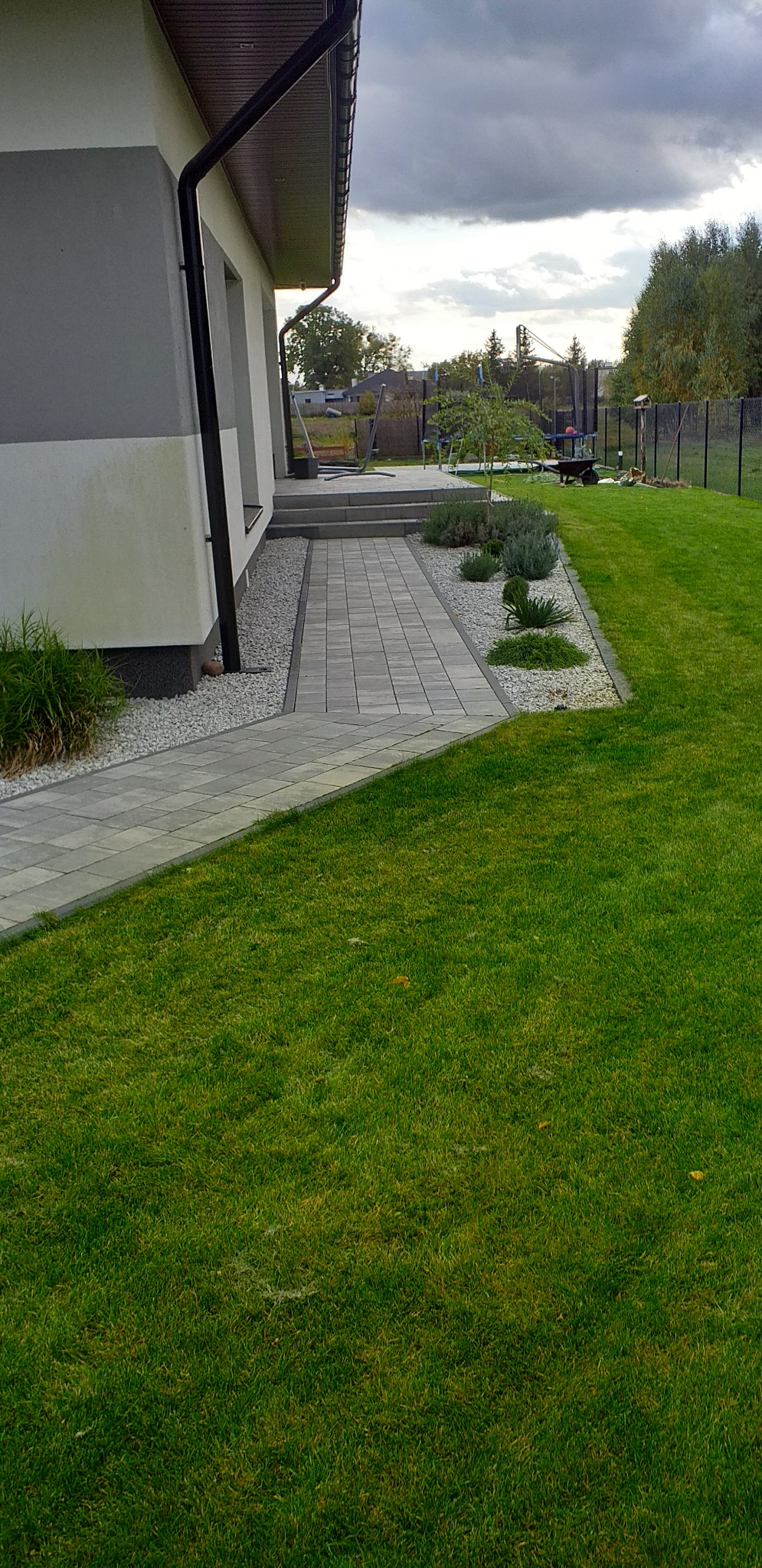 Świeżo założony trawnik z rolki, przylegający do domu z wybrukowanym chodnikiem i ozdobnymi kamieniami, widoczne rośliny ozdobne i trampolina w tle.