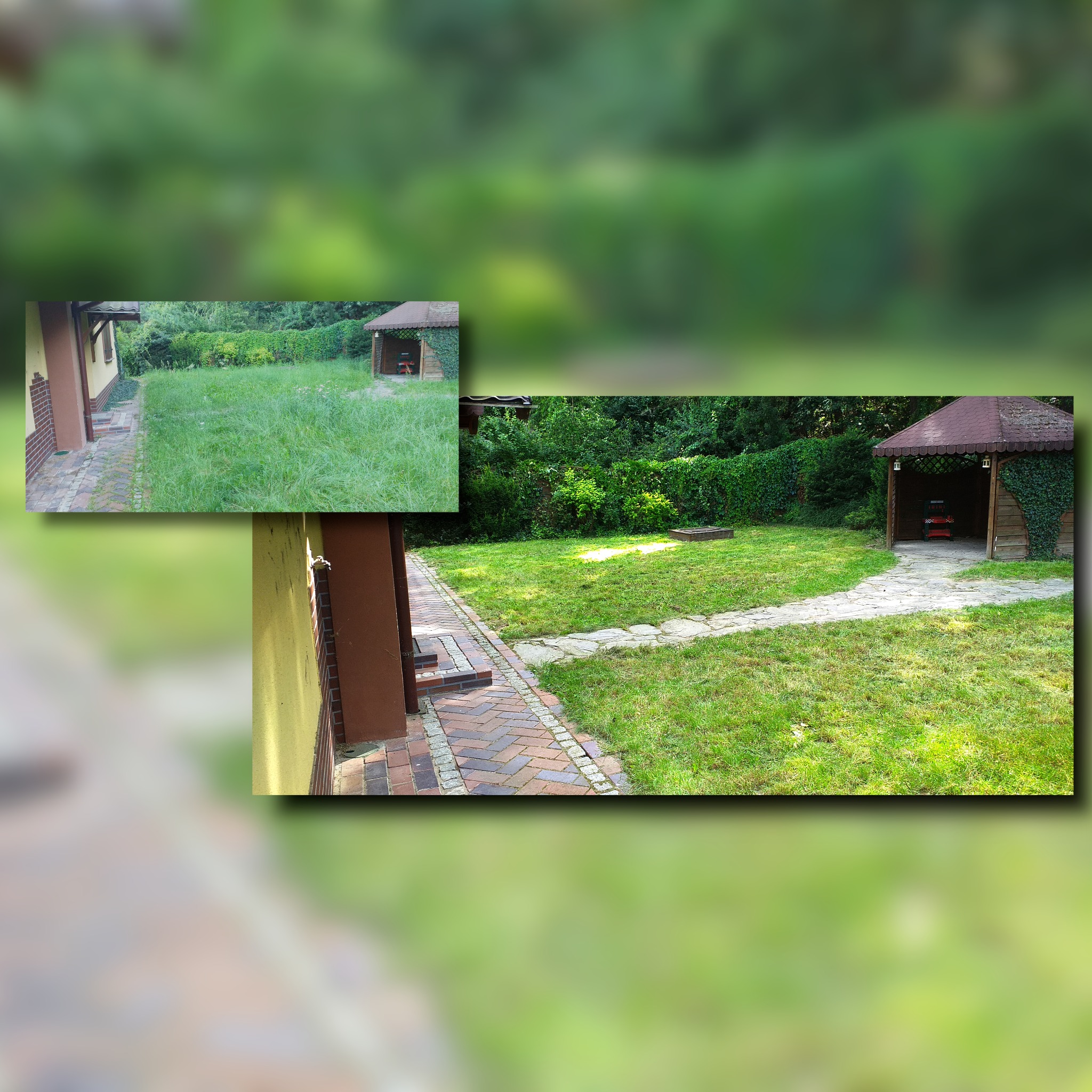 Porównanie stanu trawnika przed i po skoszeniu; widoczny fragment posesji z budynkiem i ścieżką