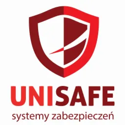 Logo firmy UNISAFE systemy zabezpieczeń przedstawiające czerwono-biały herb w kształcie tarczy.