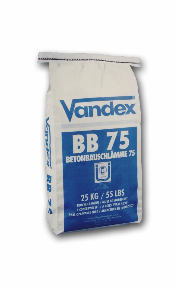 Worek z zaprawą betonową Vandex BB 75, o wadze 25 kg, z wyraźnym niebieskim nadrukiem na białym tle. Widoczne oznaczenia w różnych językach.