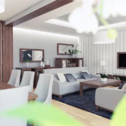 Wizualizacja salonu z jadalnią: stół z jasnymi krzesłami, szara sofa z poduszkami, ciemny dywan, ściana w pionowe pasy, telewizor, drewniane meble, dekoracyjne lustra i kwiaty.