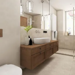 Wizualizacja łazienki z drewnianą szafką pod umywalką, wiszącymi szklanymi lampami i kabiną prysznicową walk-in, widok na okno z dekoracjami.