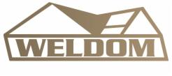 Złoty logotyp firmy WELDOM z motywem domu i dachu, na białym tle. Prosty, elegancki design.