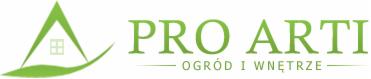 Zielone logo firmy Pro Arti z motywem domu i roślin, z napisem 'Ogród i Wnętrze', na białym tle. Minimalistyczny design, promujący usługi ogrodnicze i aranżacji wnętrz.