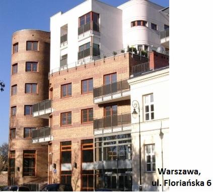 Elewacja budynku wielorodzinnego w Warszawie, ul. Floriańska 6. Architektura łączy nowoczesność z elementami klasycznymi. Widoczne balkony i okna.