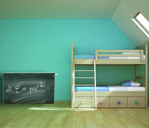Pokój dziecięcy z łóżkiem piętrowym i tablicą z wzorem E=mc2. Turkusowe ściany, drewniana podłoga i okno dachowe tworzą przytulne wnętrze.