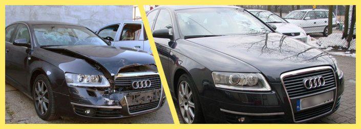 Porównanie stanu Audi A6 przed i po naprawie blacharsko-lakierniczej: uszkodzony przód po lewej, odnowiony wygląd po prawej stronie, z widocznymi detalami reflektorów i grilla.