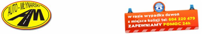 Logo warsztatu samochodowego Auto-Młynarski z żółtym owalem i stylizowaną drogą, obok pomarańczowa tablica informująca o pomocy drogowej 24h z numerem telefonu kontaktowego.