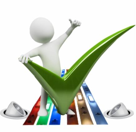 Grafika 3D przedstawiająca postać z zielonym symbolem akceptacji nad rzędem kolorowych światełek LED i dwoma reflektorami punktowymi.