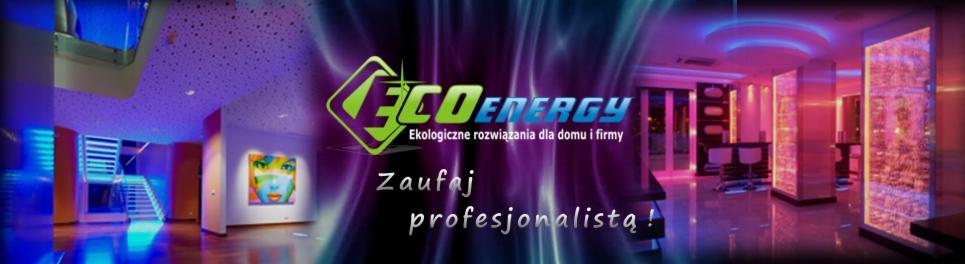 Grafika reklamowa firmy Eco Energy z wizualizacją wnętrz z oświetleniem LED, schodami z podświetleniem oraz dekoracyjnymi panelami wodnymi.
