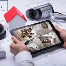 Ręce trzymają tablet z podglądem z czterech kamer monitoringu wnętrz, obok kamery, czujniki ruchu i dymu oraz model domu z czerwoną dachówką, wszystko na tle planu architektonicznego.